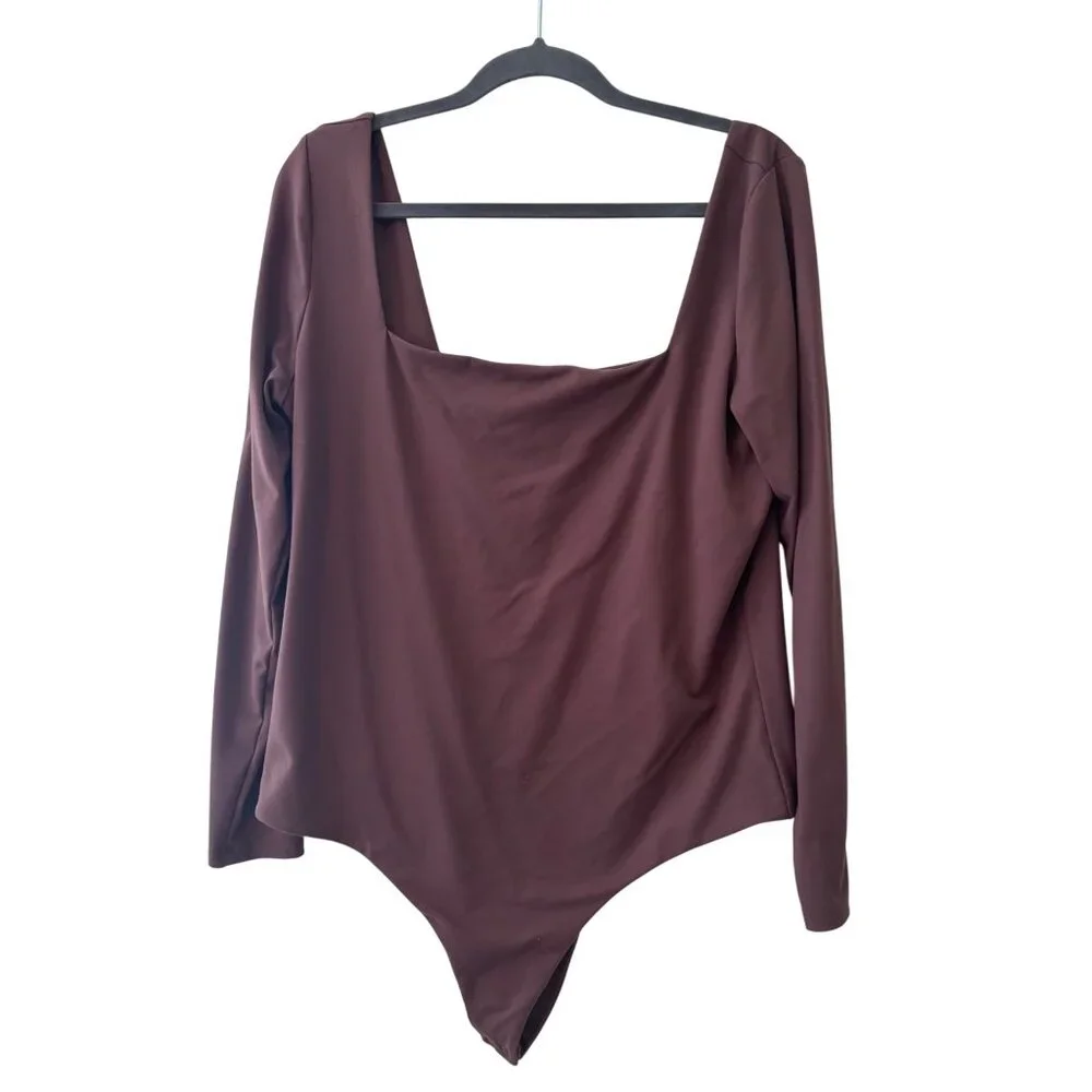 Nuuds Coffee Long Sleeve Square Neck Thong Style Bodysuit - Picture 8 of 10